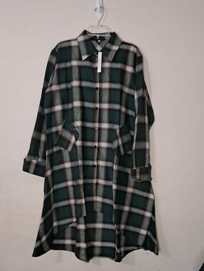 Plaid High-Low Shirt Dress - Forest Green